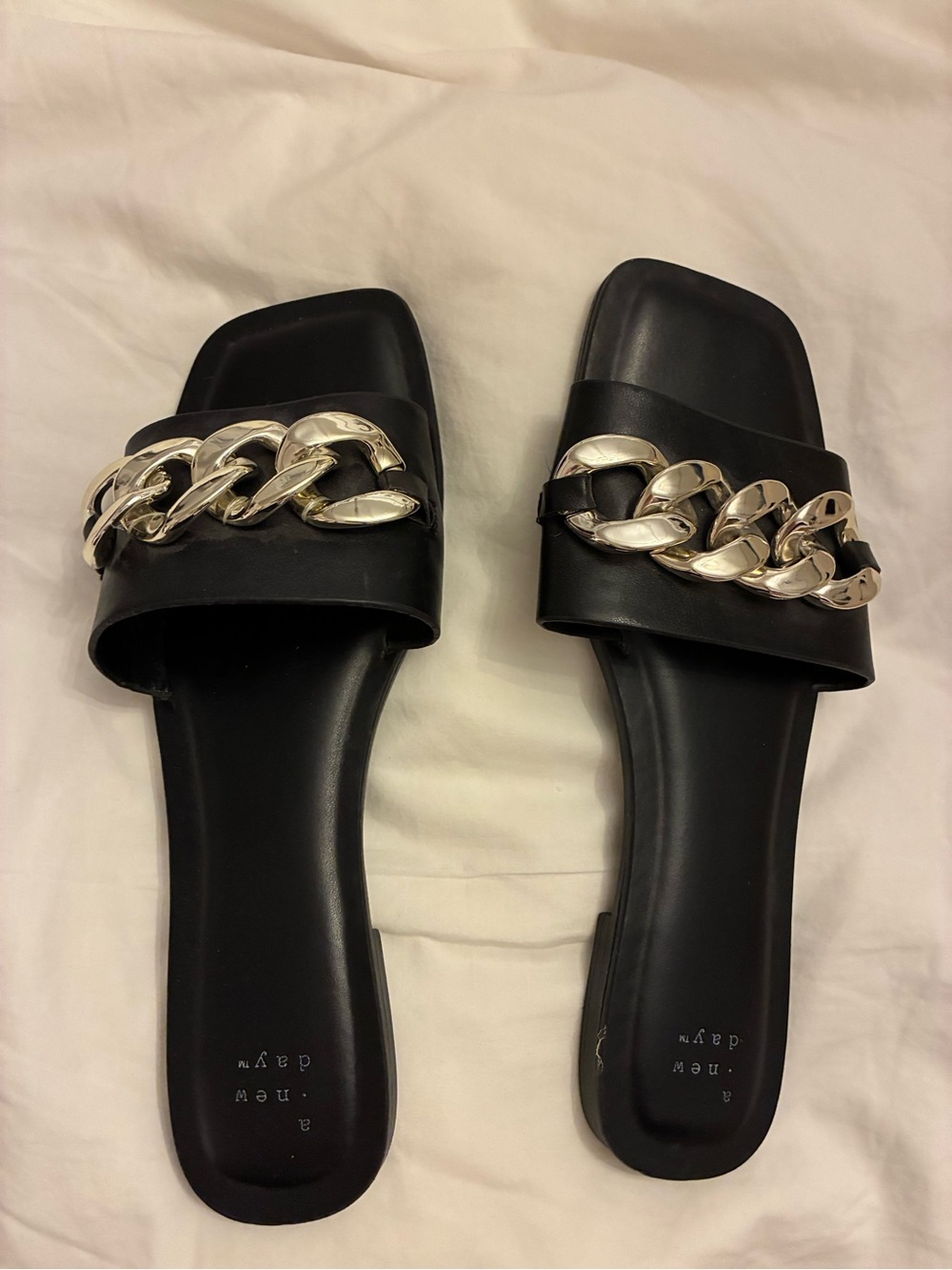 a new day Black Slide Sandals with Silver Chain Detail